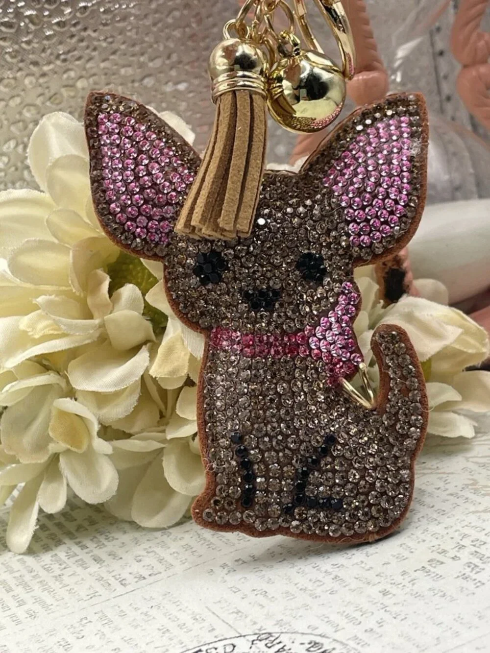 Bling Pink Brown Sparkling Rhinestone Chihuahua Keychain Gold Purse charm Gift